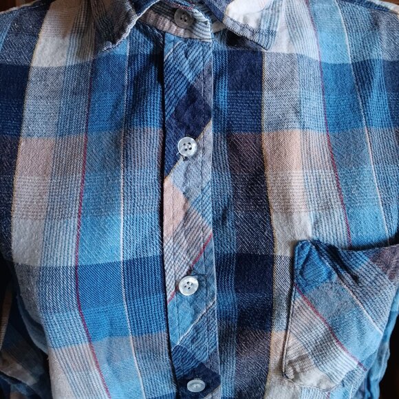 Vintage Women's Flannel Skater Shirt Medium 1970's Sears Blue Plaid Button-Up - Picture 3 of 6